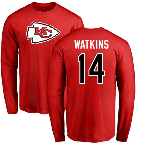 Men Kansas City Chiefs #14 Watkins Sammy Red Name and Number Logo Long Sleeve T-Shirt